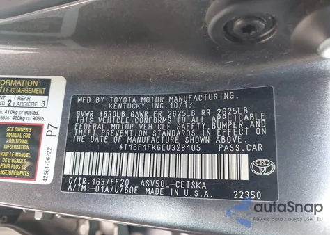 2014 Toyota Camry Se из США, поврежденный, VIN 4T1BF1FK6EU328105